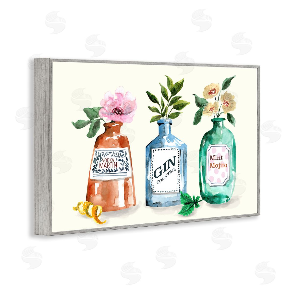 Floral Alcohol Bottles Grey Frame Print Wall Art, Home Decor by Kate Eldridge