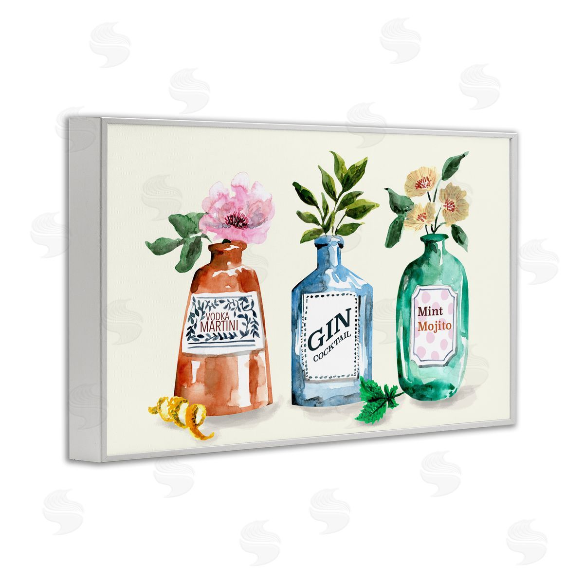 Floral Alcohol Bottles White Frame Print Wall Art, Home Decor by Kate Eldridge