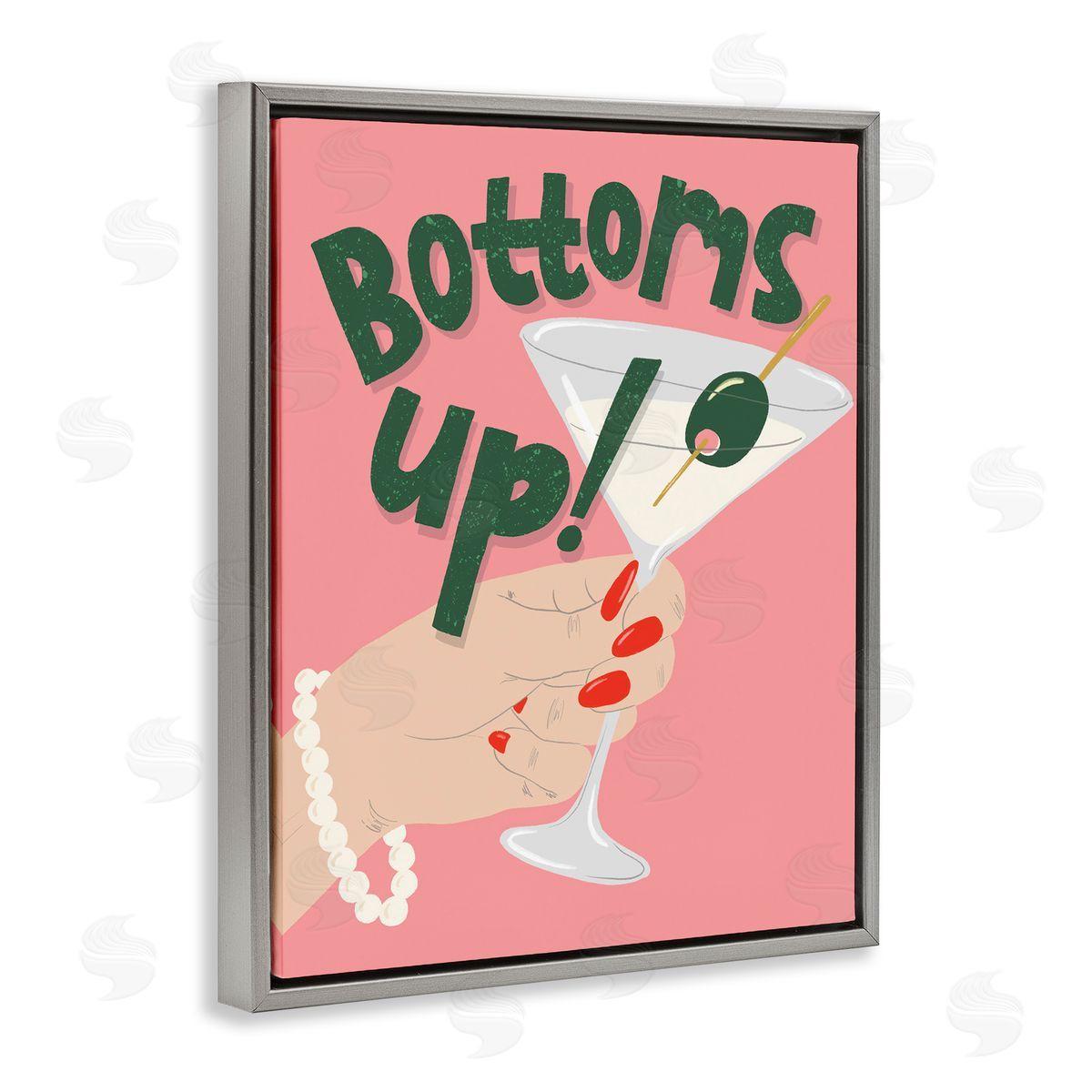 Bottoms Up with Martini Grey Floating Frame Canvas Wall Art, Home Decor by Kristina Hultkrantz
