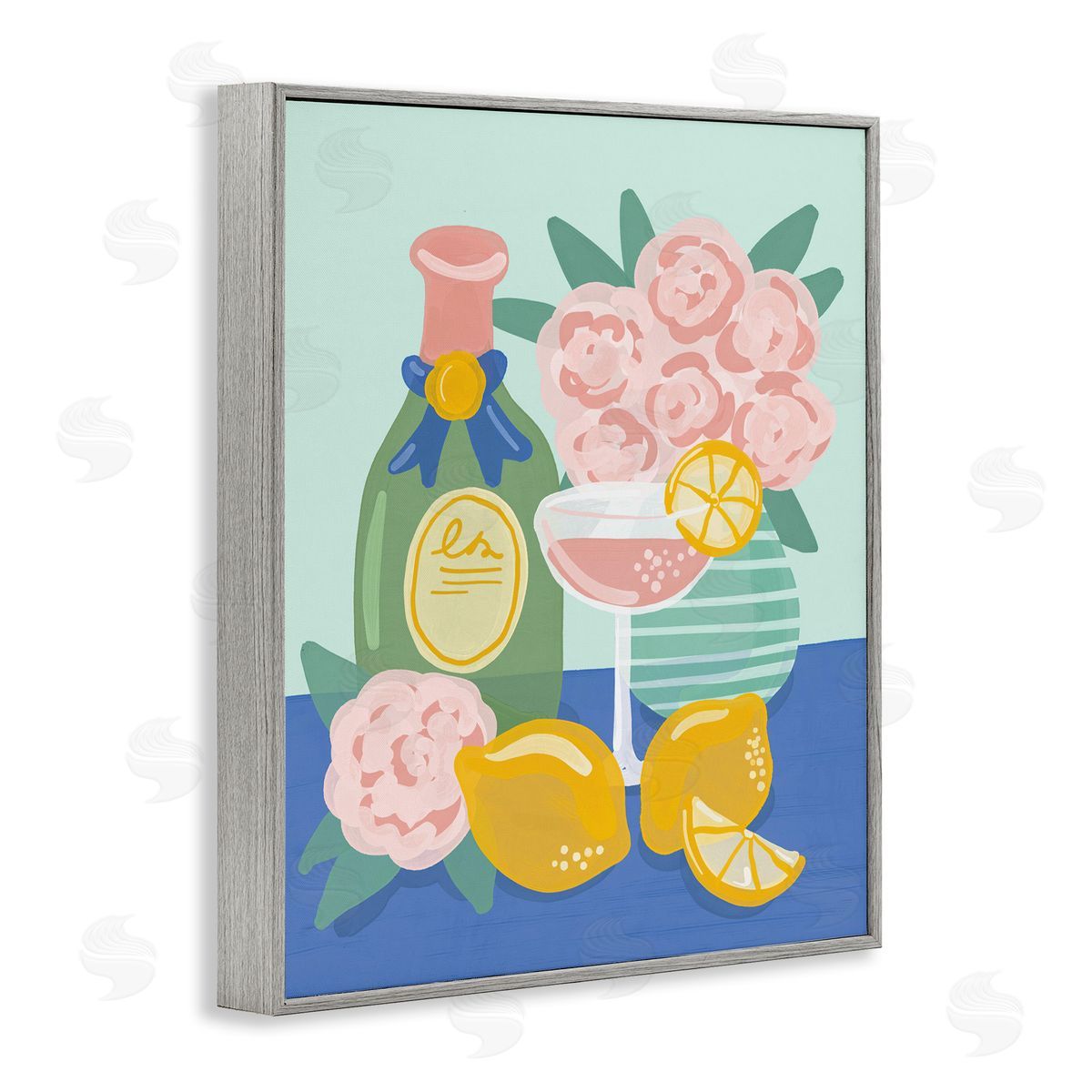 Lemons & Drinks Still Life Grey Frame Print Wall Art, Home Decor by Kristina Hultkrantz