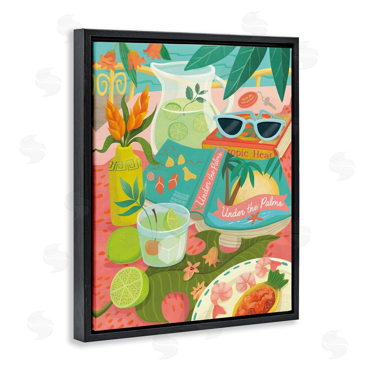 Tropical Drinks on Beach Black Floating Frame Canvas Wall Art, Home Decor by Laura Watson