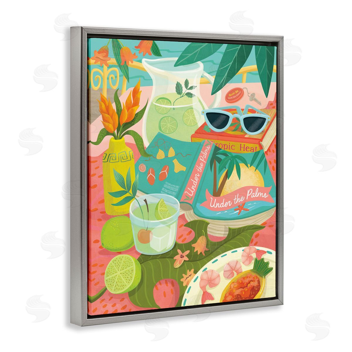 Tropical Drinks on Beach Grey Floating Frame Canvas Wall Art, Home Decor by Laura Watson