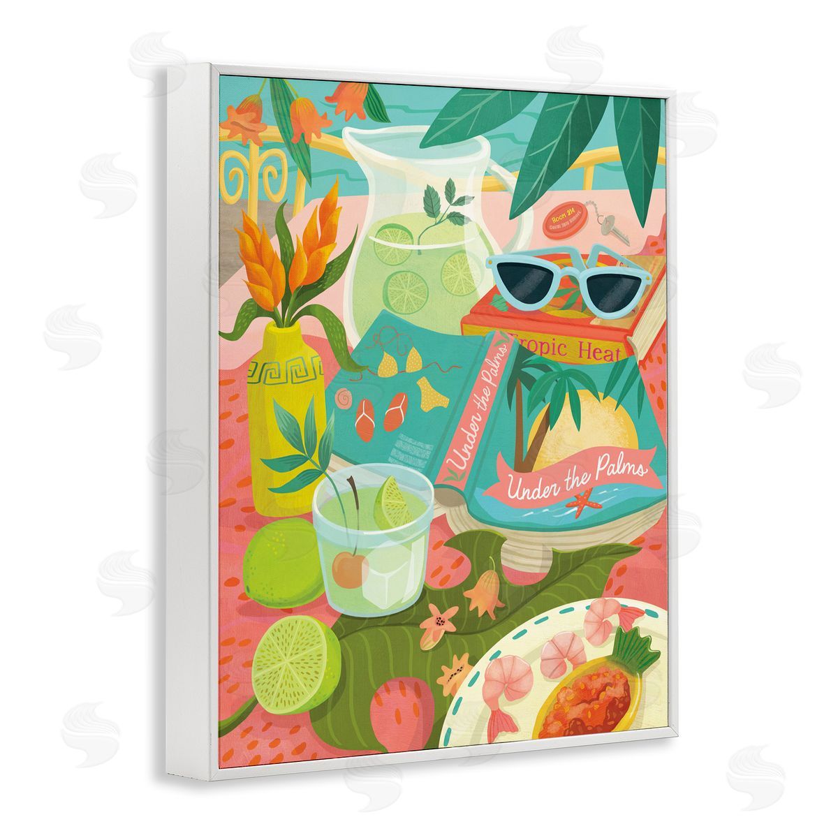 Tropical Drinks on Beach White Frame Print Wall Art, Home Decor by Laura Watson