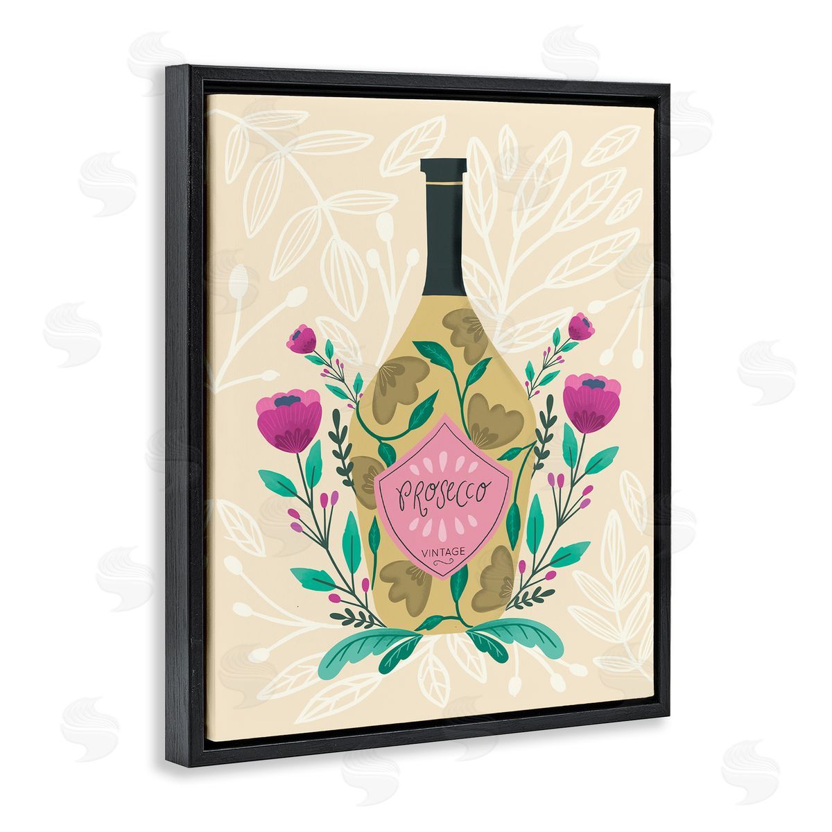 Chic Floral Alcohol Bottle Black Floating Frame Canvas Wall Art, Home Decor by Louise Allen Designs