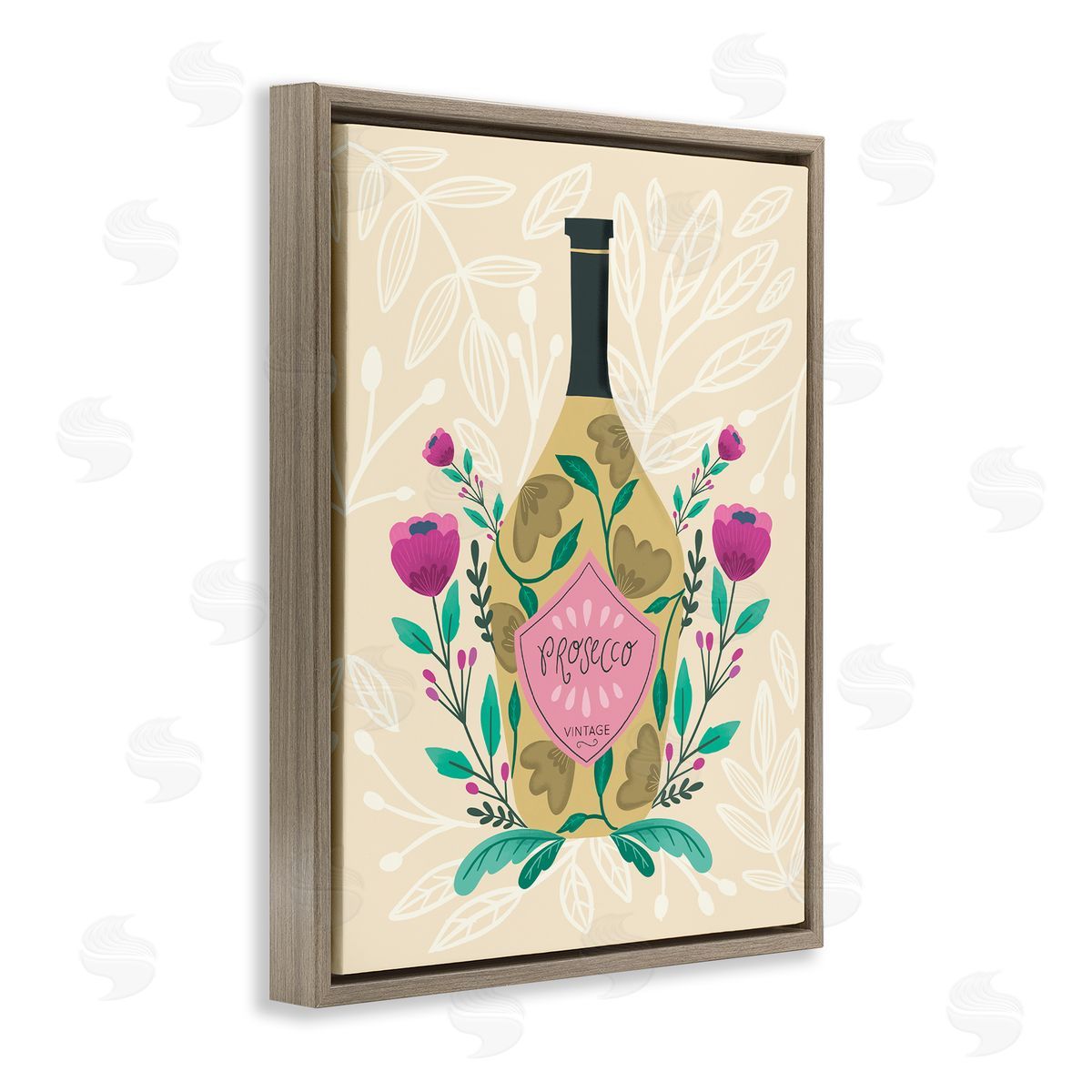 Chic Floral Alcohol Bottle Brown Floating Frame Canvas Wall Art, Home Decor by Louise Allen Designs