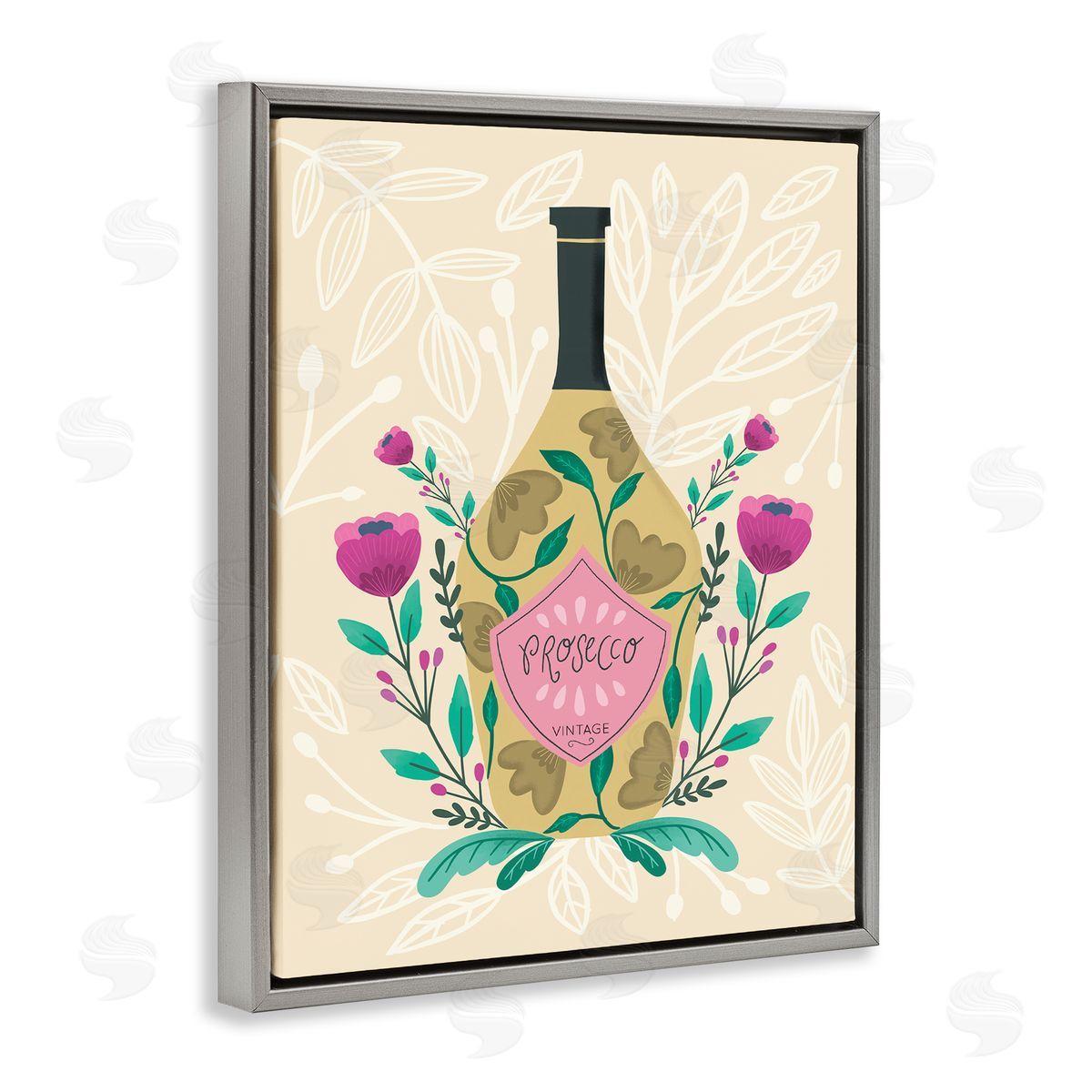 Chic Floral Alcohol Bottle Grey Floating Frame Canvas Wall Art, Home Decor by Louise Allen Designs
