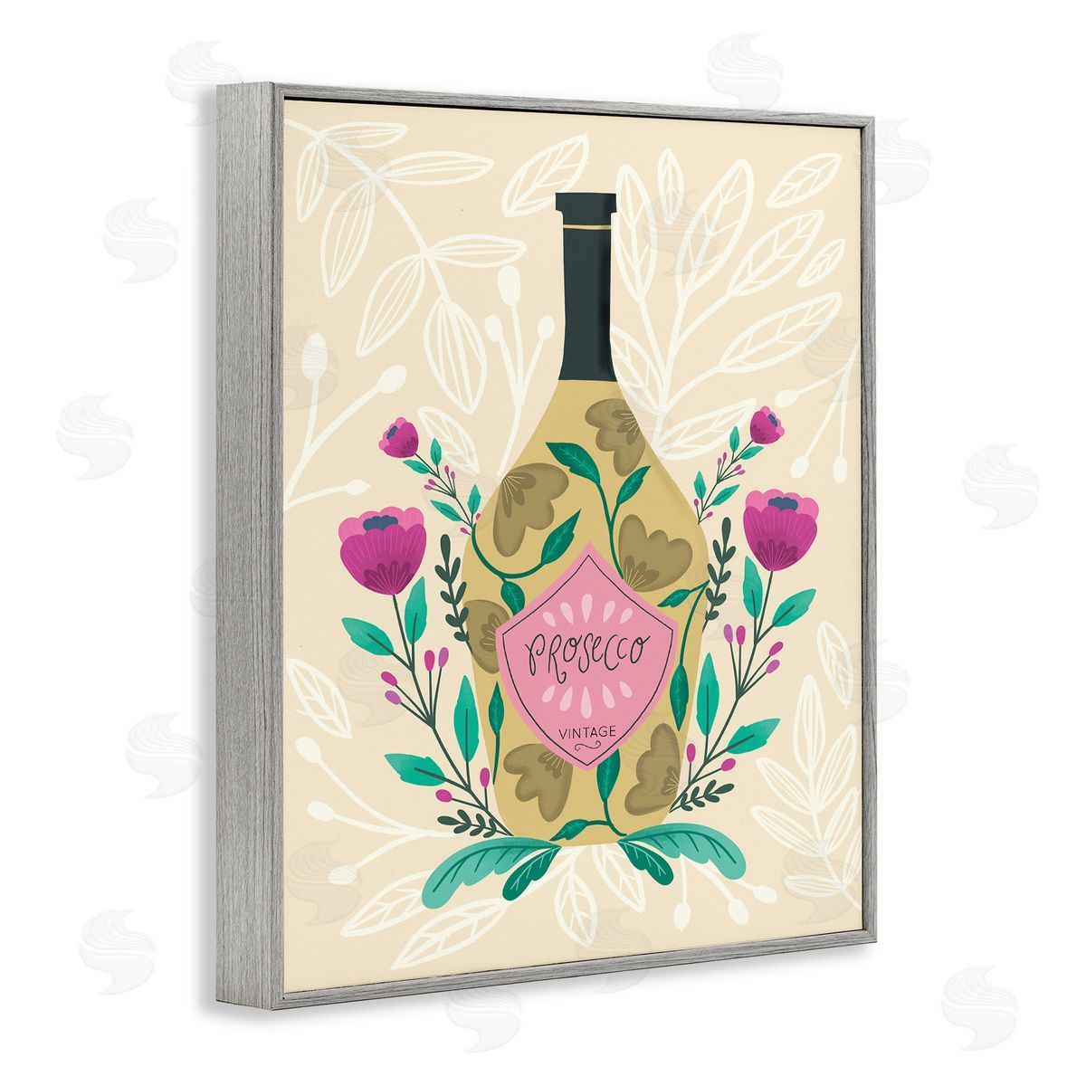 Chic Floral Alcohol Bottle Grey Frame Print Wall Art, Home Decor by Louise Allen Designs
