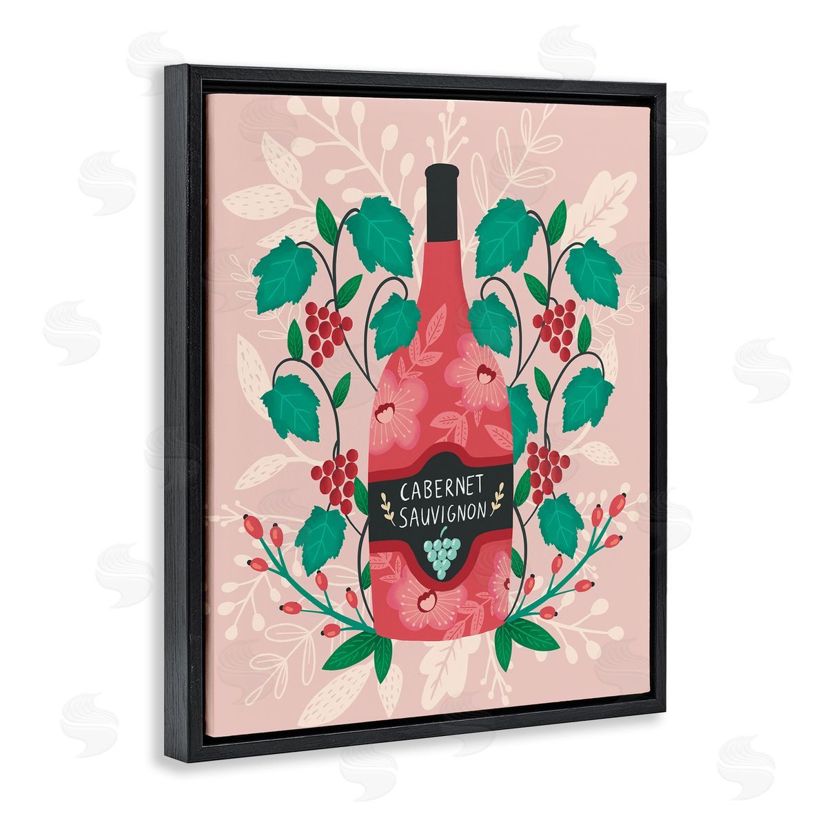 Classic Floral Wine Bottle Black Floating Frame Canvas Wall Art, Home Decor by Louise Allen Designs