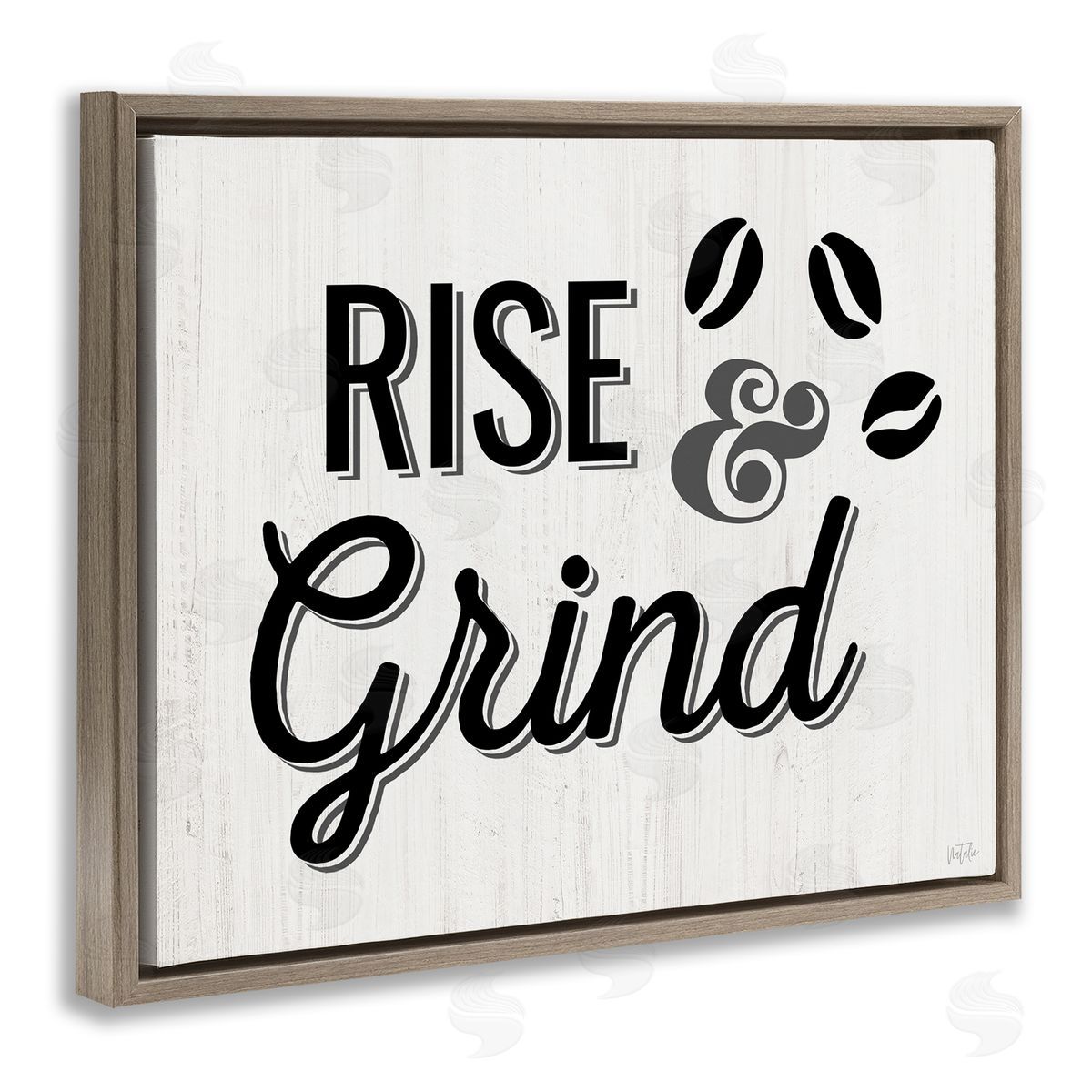 Rise & Grind Coffee Beans Brown Floating Frame Canvas Wall Art, Home Decor by Natalie Carpentieri