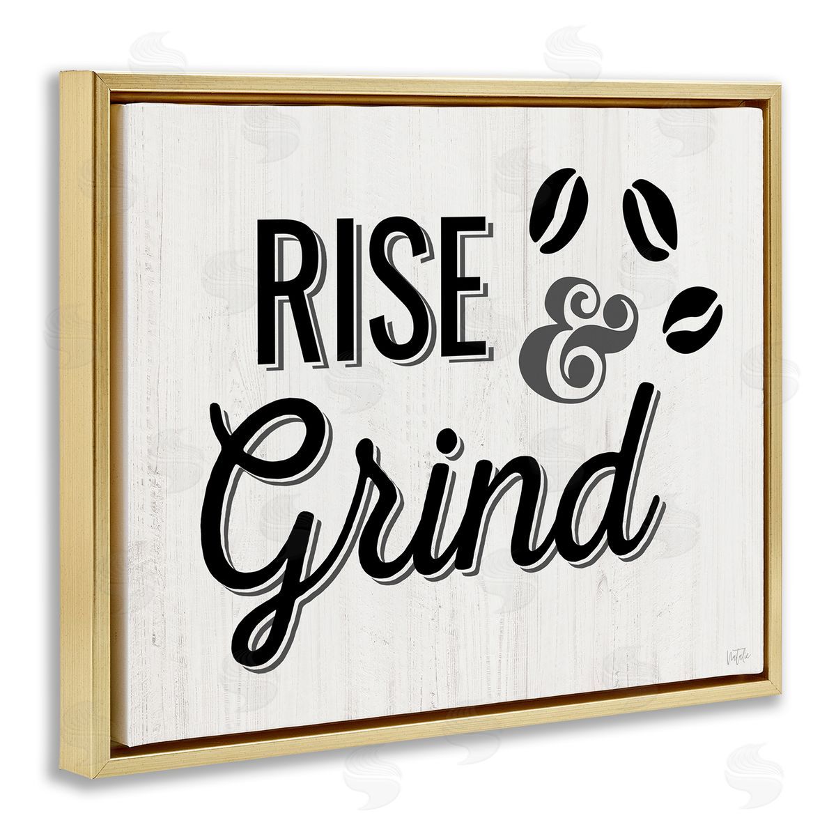 Rise & Grind Coffee Beans Gold Floating Frame Canvas Wall Art, Home Decor by Natalie Carpentieri