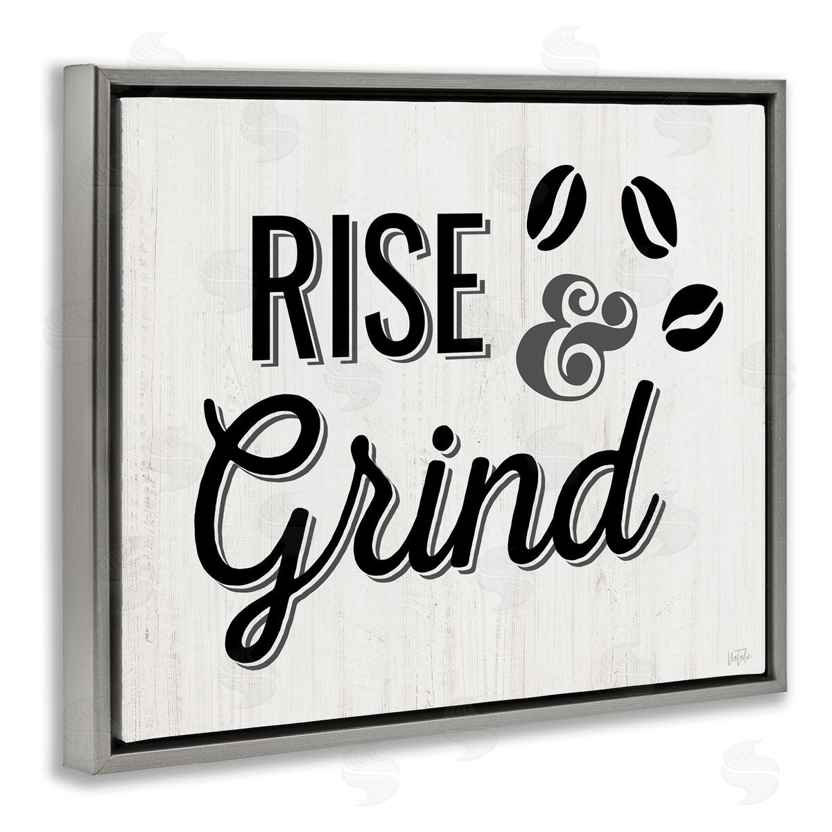 Rise & Grind Coffee Beans Grey Floating Frame Canvas Wall Art, Home Decor by Natalie Carpentieri