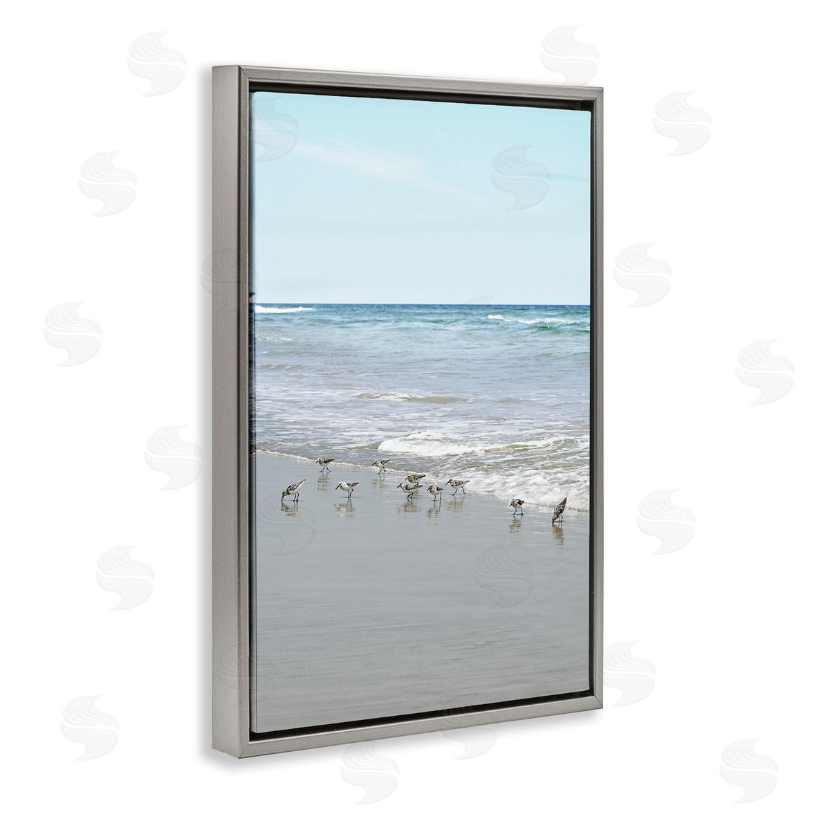 Energetic Beach Birds Grey Floating Frame Canvas Wall Art, Home Decor by Natalie Carpentieri