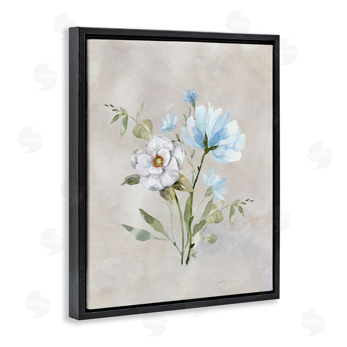 Blue & White Herbs Black Floating Frame Canvas Wall Art, Home Decor by Livi Finn