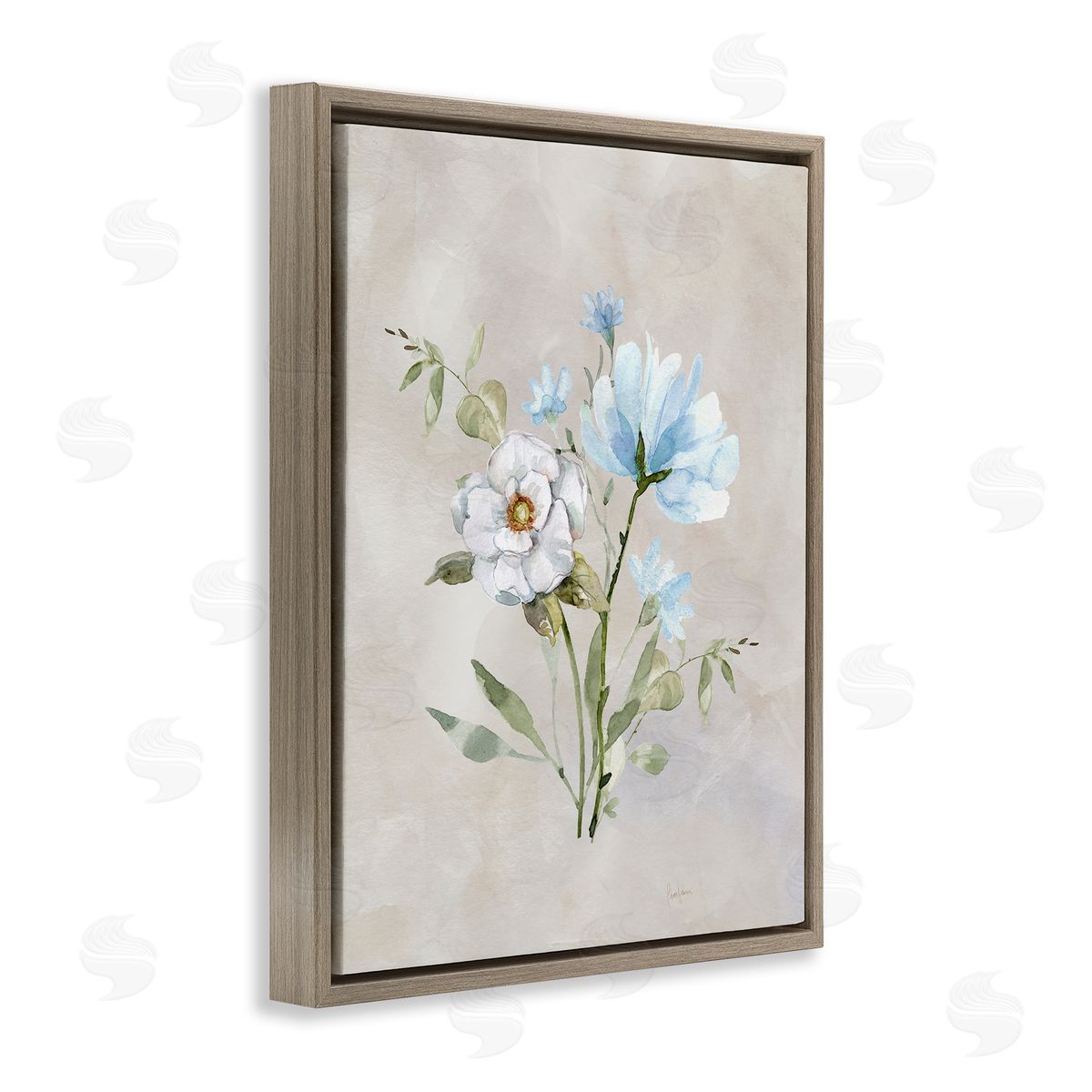 Blue & White Herbs Brown Floating Frame Canvas Wall Art, Home Decor by Livi Finn