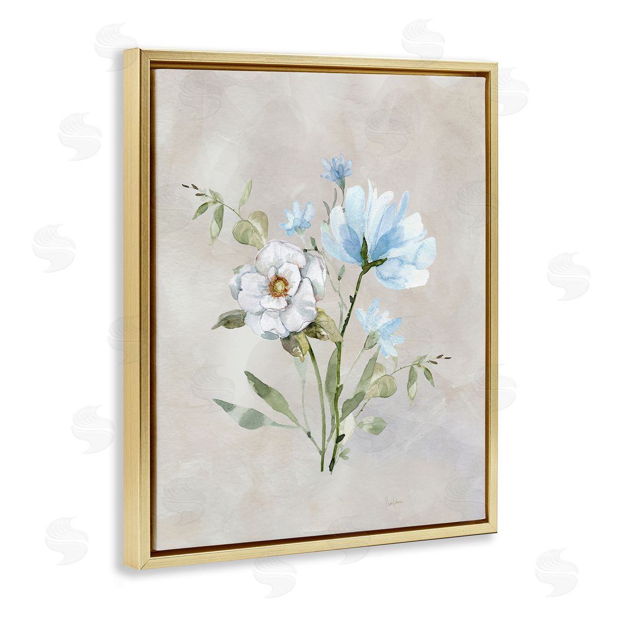 Blue & White Herbs Gold Floating Frame Canvas Wall Art, Home Decor by Livi Finn