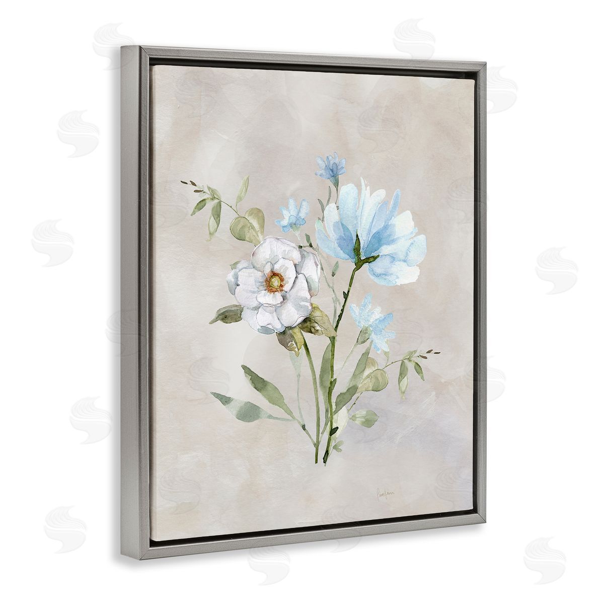 Blue & White Herbs Grey Floating Frame Canvas Wall Art, Home Decor by Livi Finn