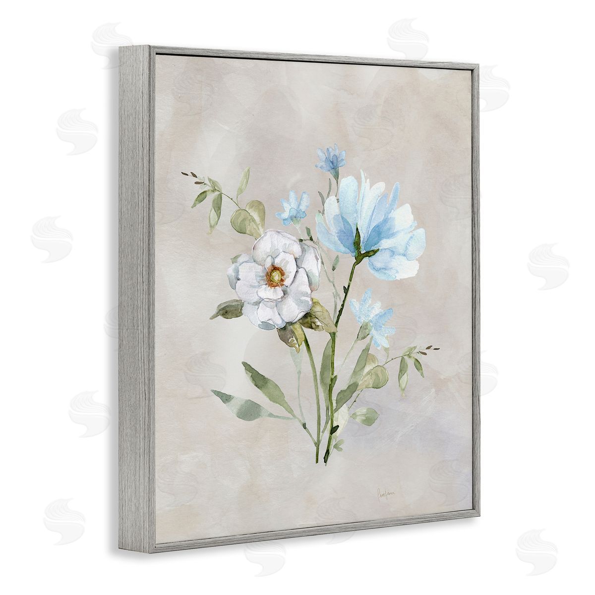 Blue & White Herbs Grey Frame Print Wall Art, Home Decor by Livi Finn