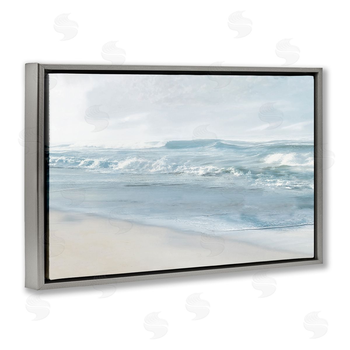 Calm Blue Beach Waves Grey Floating Frame Canvas Wall Art, Home Decor by Mike Calascibetta