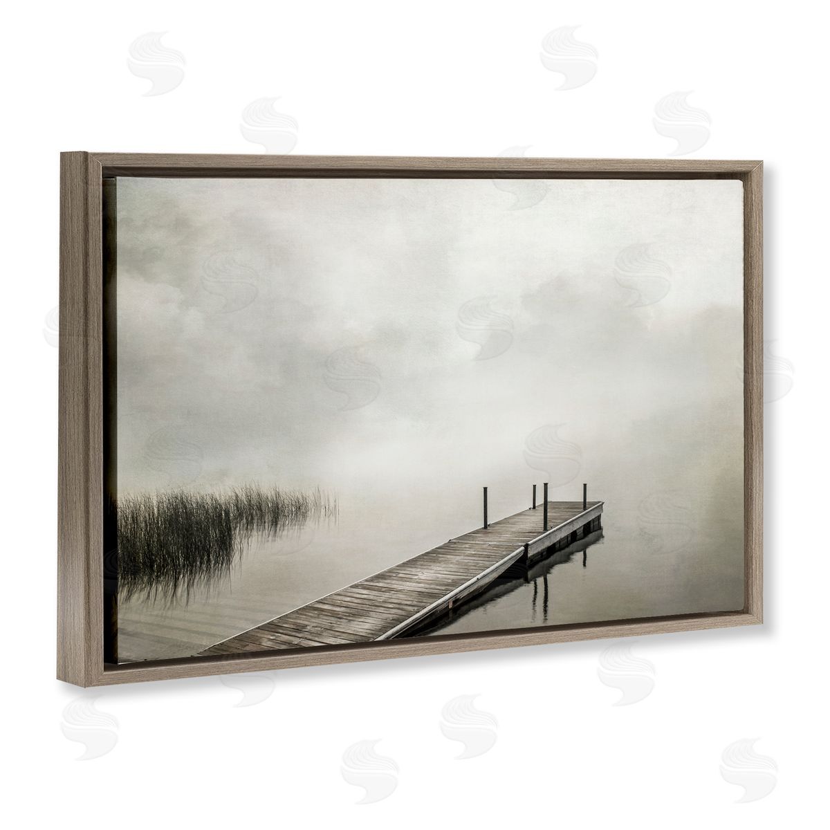 Mysterious Foggy Lake Dock Brown Floating Frame Canvas Wall Art, Home Decor by Peter Hawkins