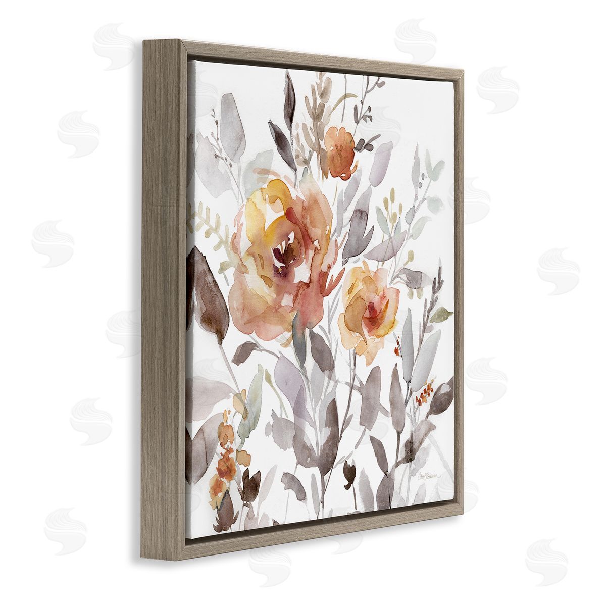 Energetic Florals on White Brown Floating Frame Canvas Wall Art, Home Decor by Carol Robinson