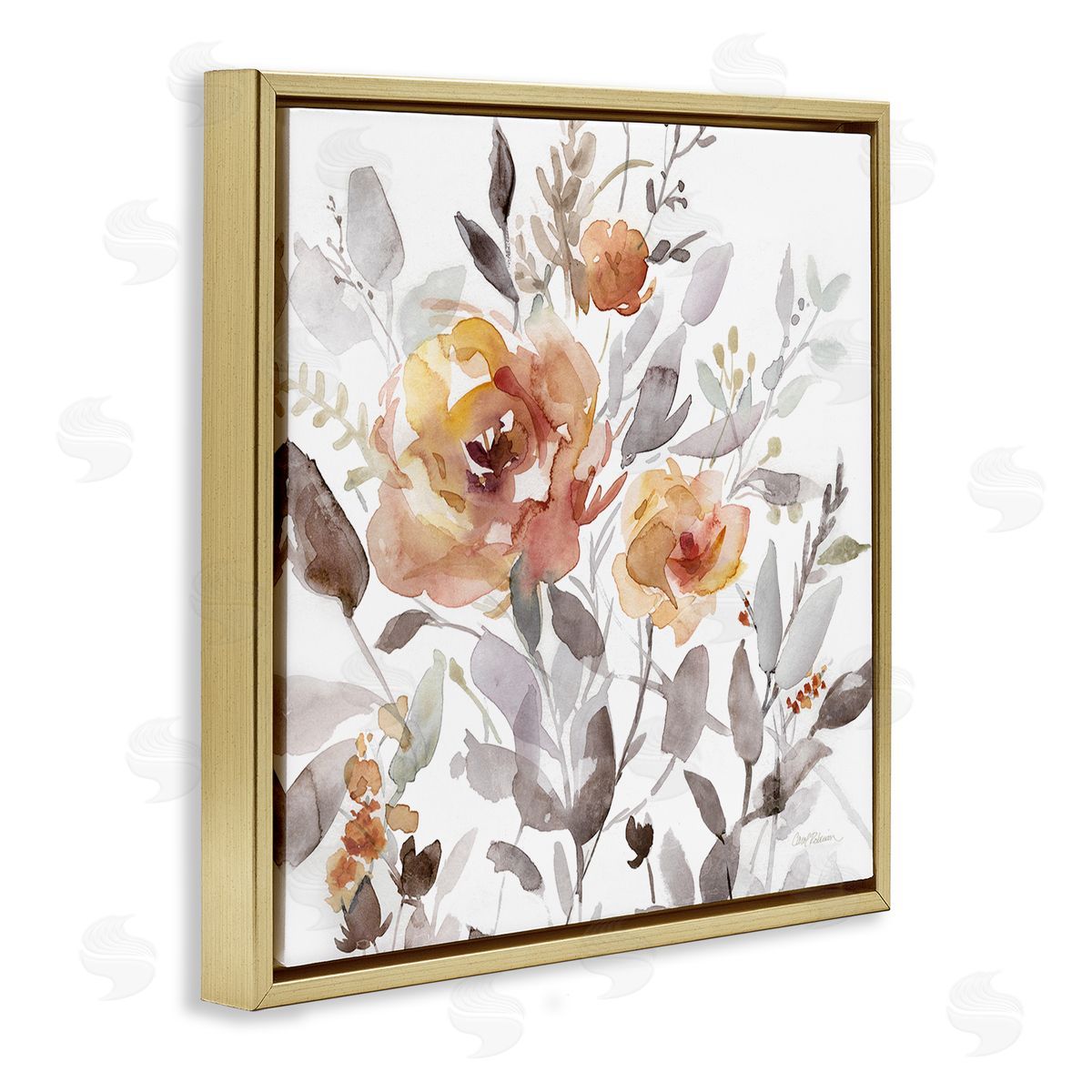 Energetic Florals on White Gold Floating Frame Canvas Wall Art, Home Decor by Carol Robinson