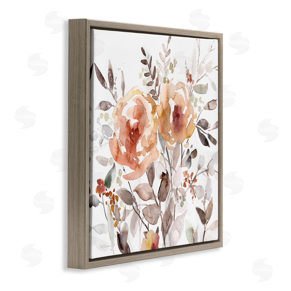 Floral Impressions on White Brown Floating Frame Canvas Wall Art, Home Decor by Carol Robinson