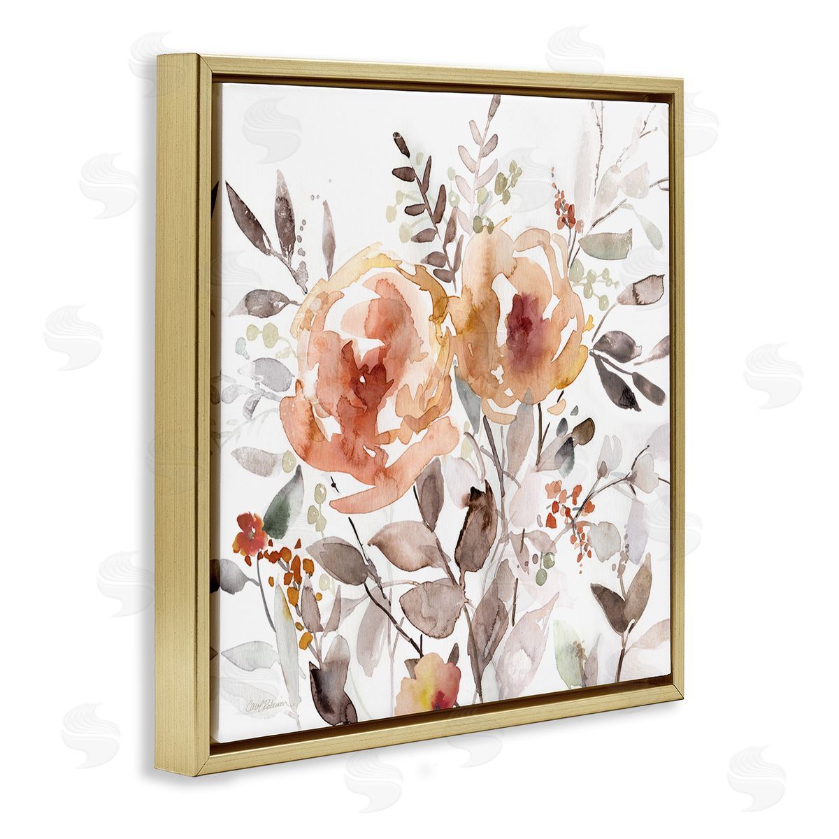 Floral Impressions on White Gold Floating Frame Canvas Wall Art, Home Decor by Carol Robinson