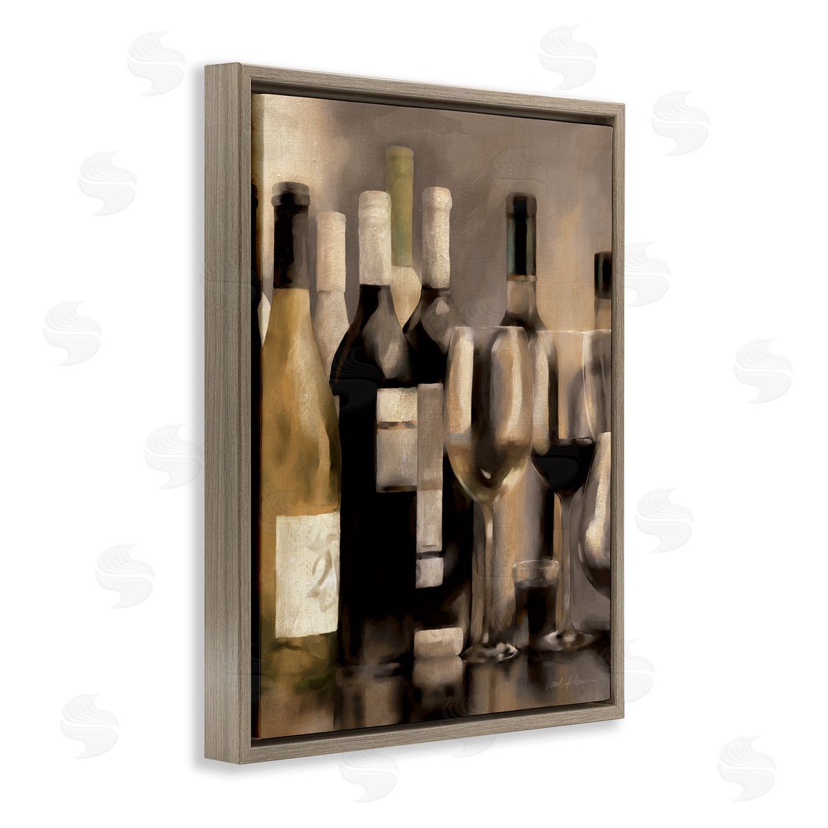 Wine Bottles on Bar Brown Floating Frame Canvas Wall Art, Home Decor by Carol Robinson