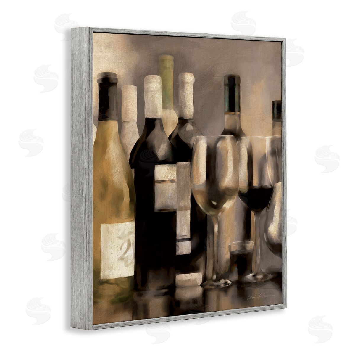 Wine Bottles on Bar Grey Frame Print Wall Art, Home Decor by Carol Robinson