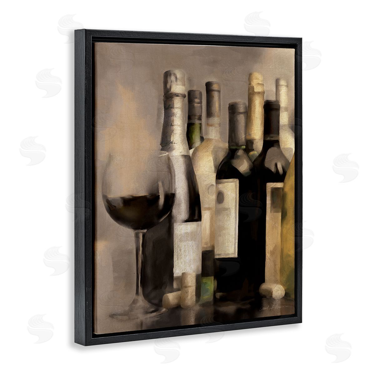 Wine Glass with Bottles Black Floating Frame Canvas Wall Art, Home Decor by Carol Robinson