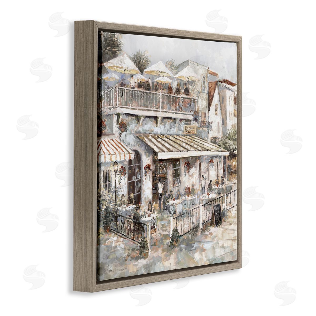 Town Café Patio Brown Floating Frame Canvas Wall Art, Home Decor by Ruane Manning