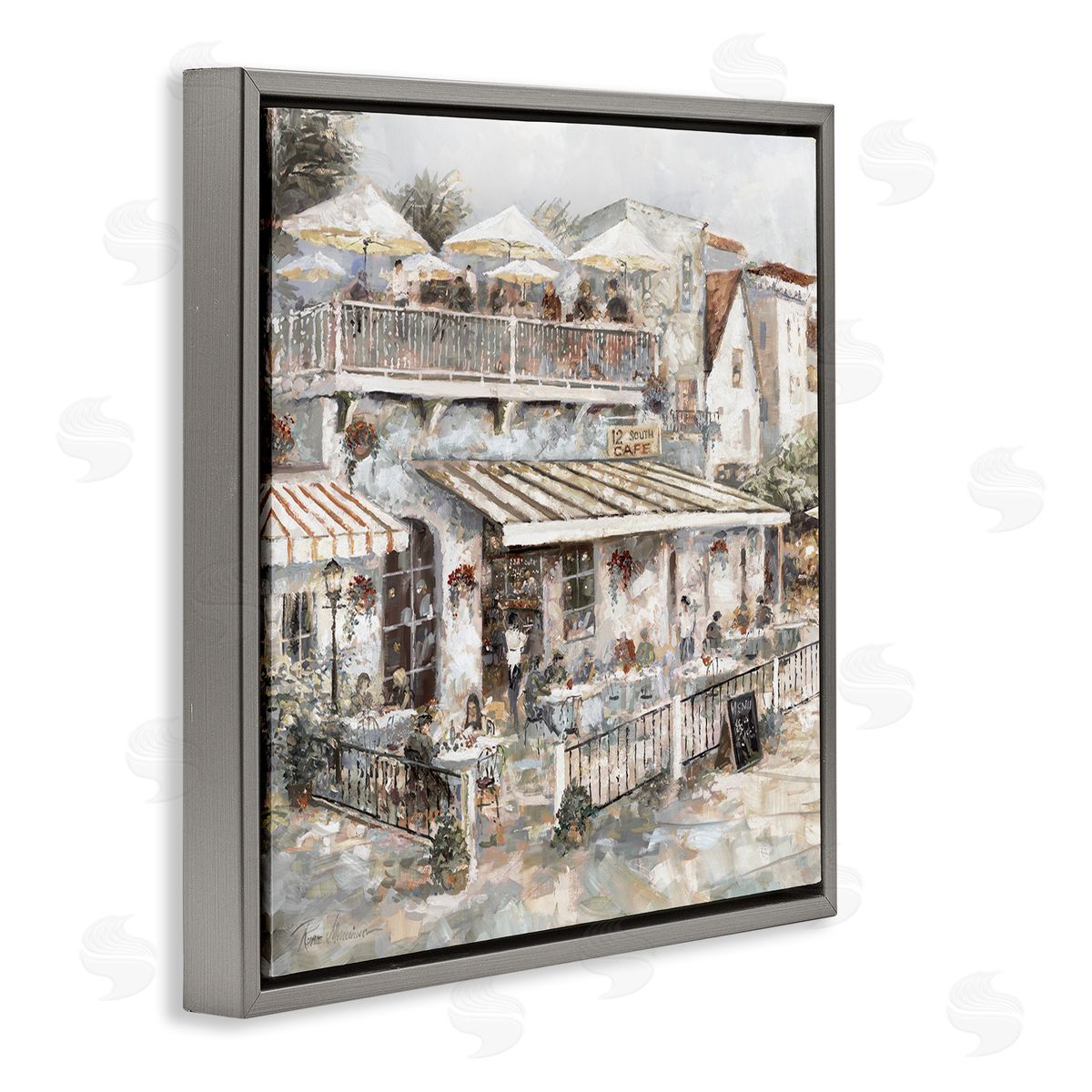 Town Café Patio Grey Floating Frame Canvas Wall Art, Home Decor by Ruane Manning