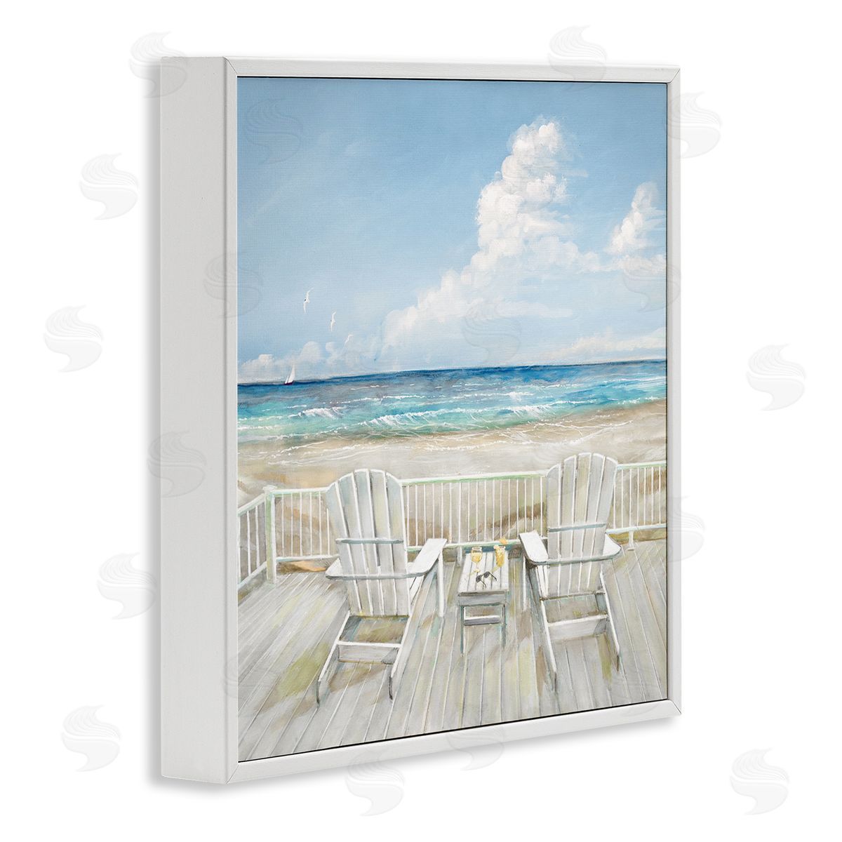 Seats Overlooking Beach White Frame Print Wall Art, Home Decor by Ruane Manning
