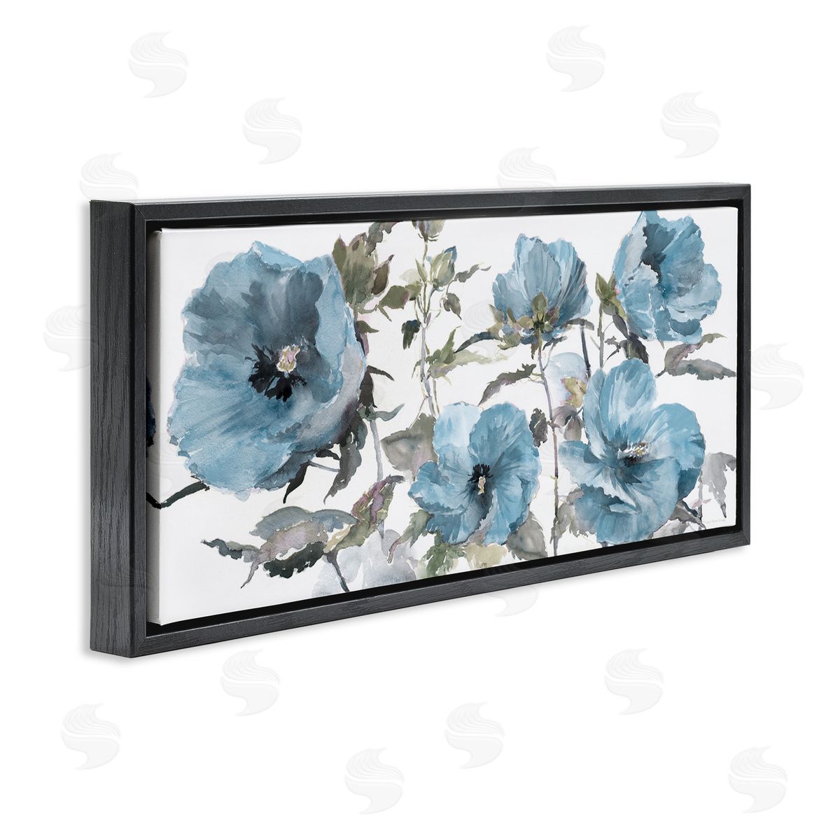 Blue Poppies on White Black Floating Frame Canvas Wall Art, Home Decor by Theresa Heidel