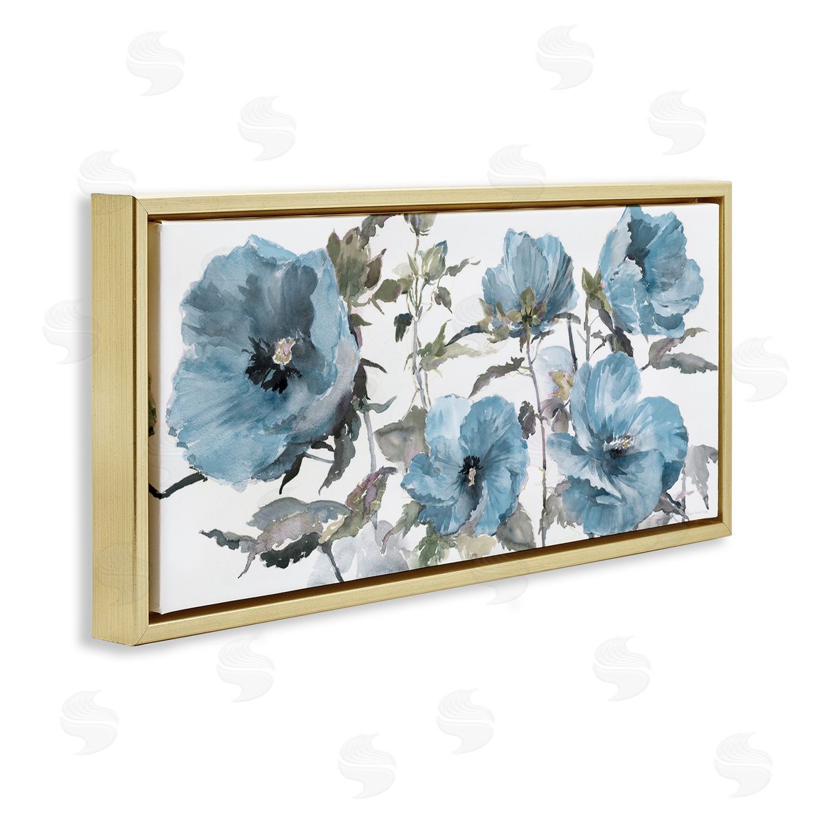 Blue Poppies on White Gold Floating Frame Canvas Wall Art, Home Decor by Theresa Heidel