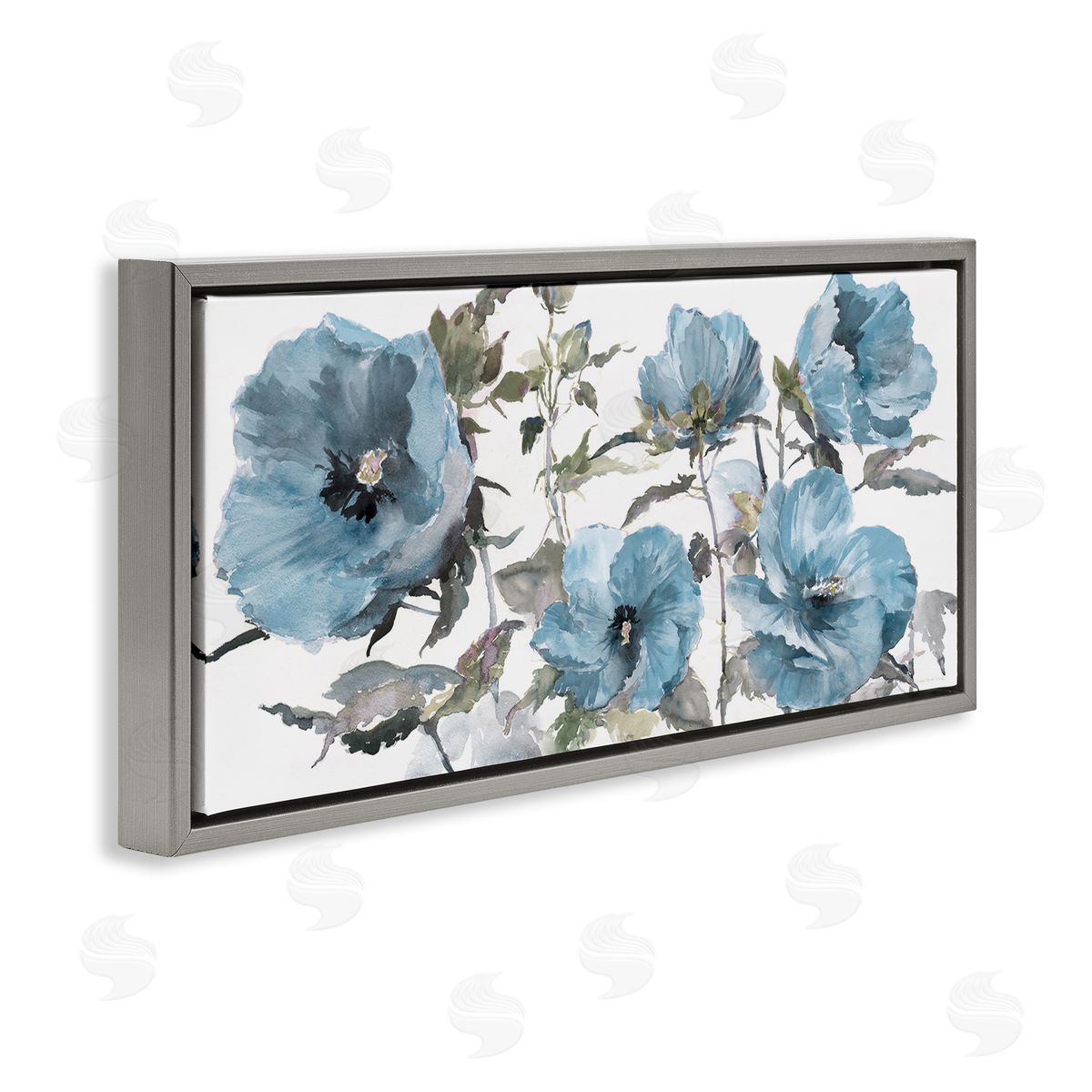 Blue Poppies on White Grey Floating Frame Canvas Wall Art, Home Decor by Theresa Heidel