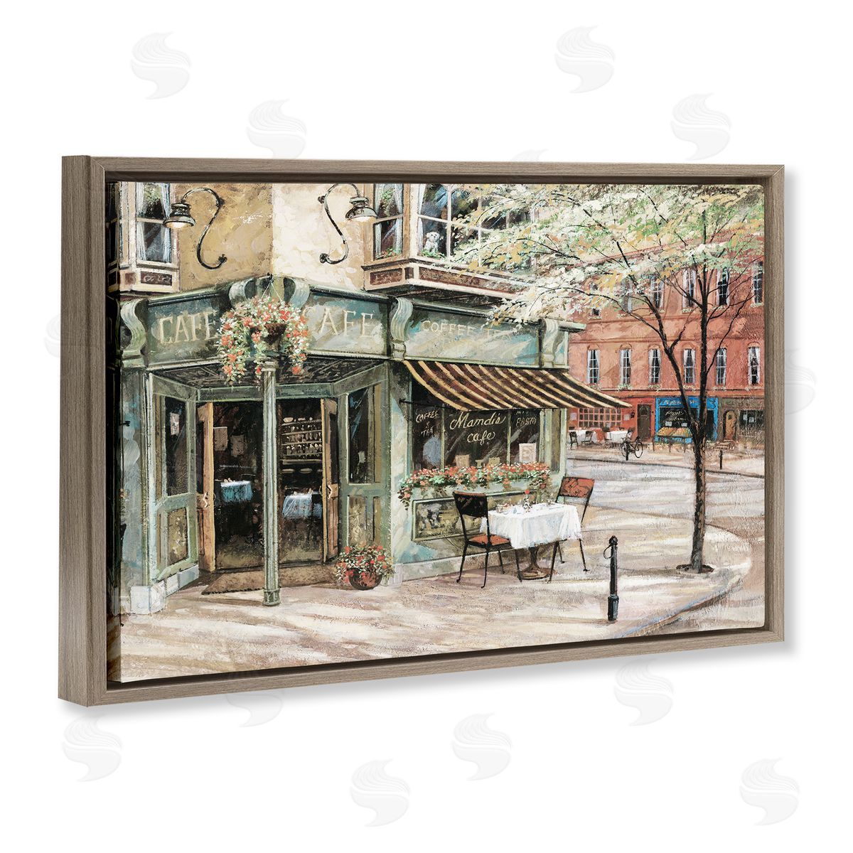 City Corner Café Brown Floating Frame Canvas Wall Art, Home Decor by Ruane Manning