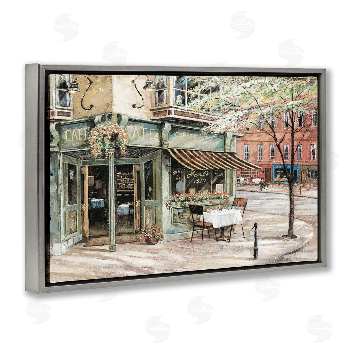 City Corner Café Grey Floating Frame Canvas Wall Art, Home Decor by Ruane Manning