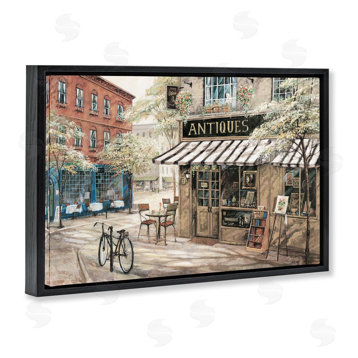 Cozy Town Antiques Shop Black Floating Frame Canvas Wall Art, Home Decor by Ruane Manning