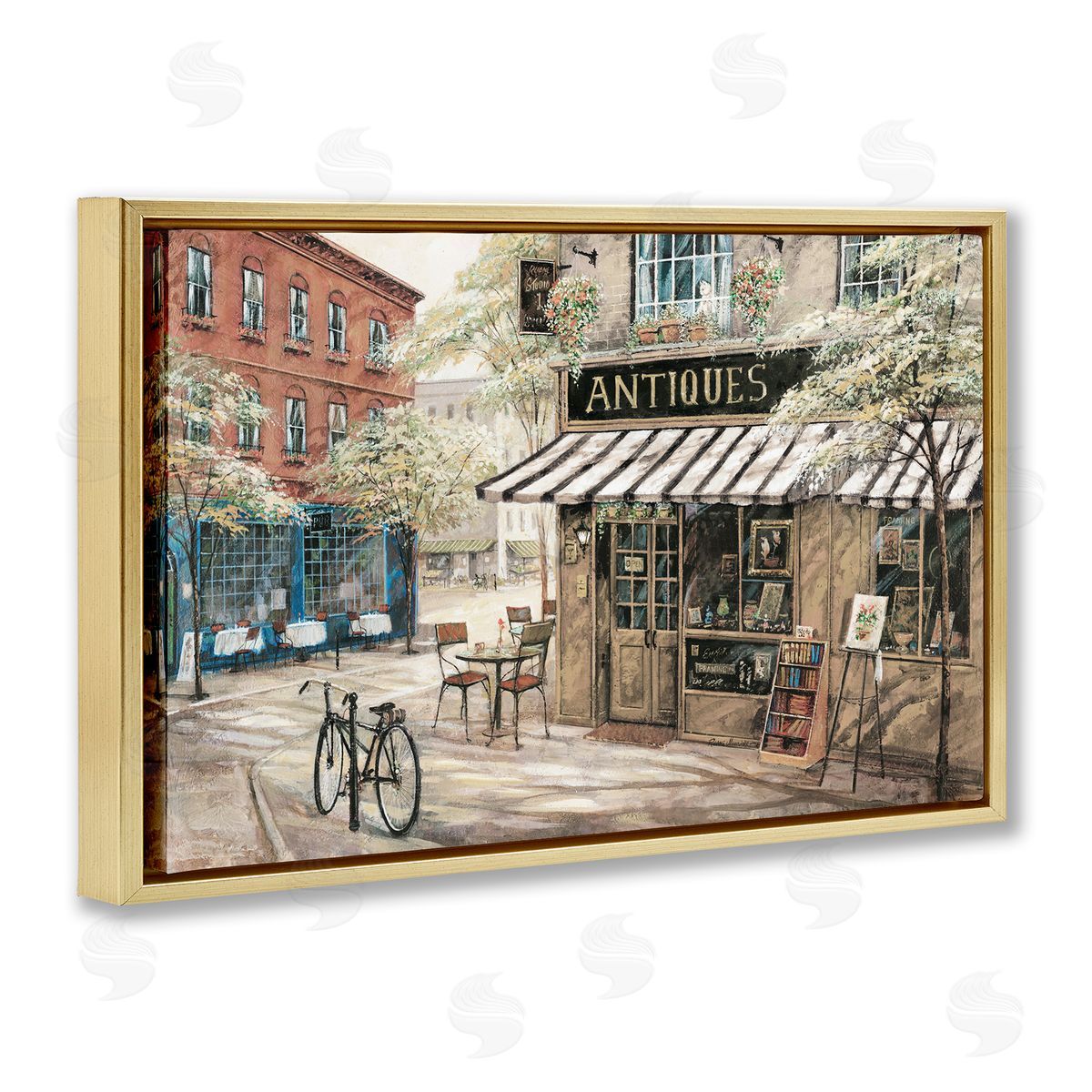 Cozy Town Antiques Shop Gold Floating Frame Canvas Wall Art, Home Decor by Ruane Manning