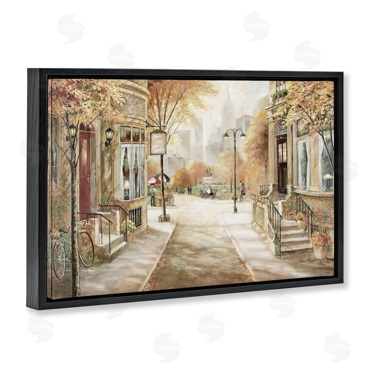 City Street Shopfronts Black Floating Frame Canvas Wall Art, Home Decor by Ruane Manning