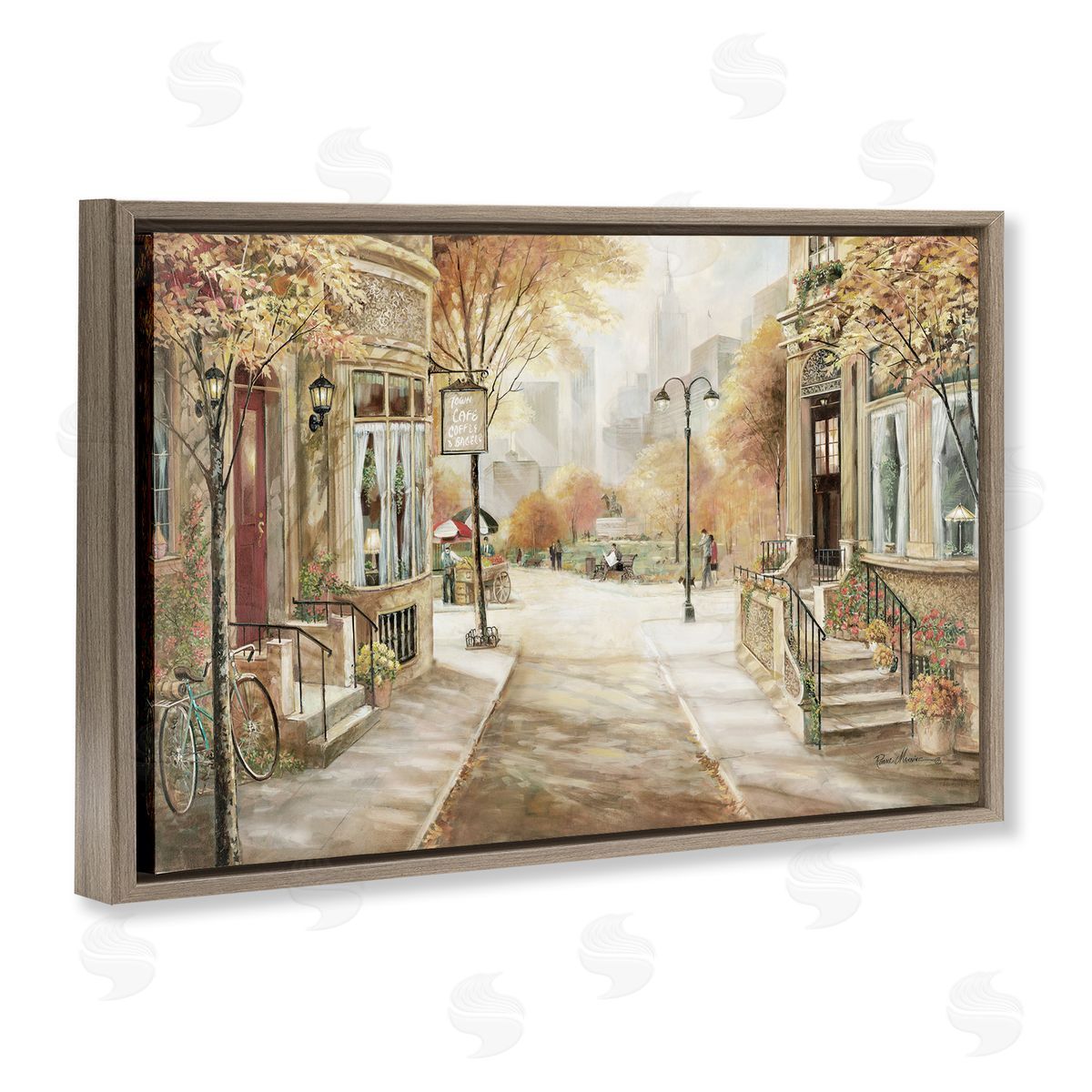 City Street Shopfronts Brown Floating Frame Canvas Wall Art, Home Decor by Ruane Manning