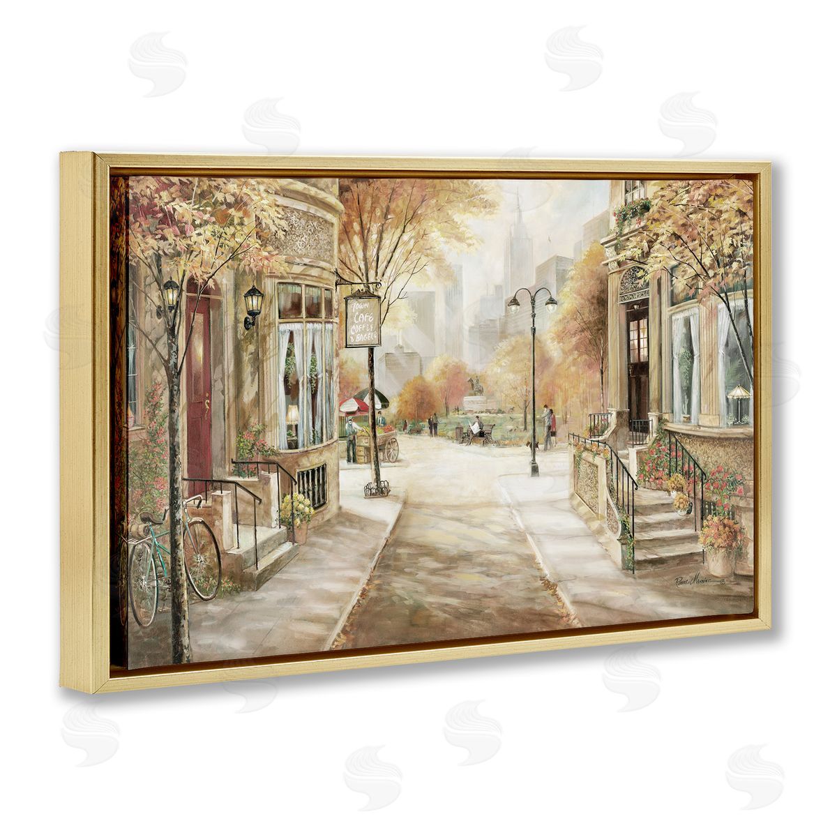 City Street Shopfronts Gold Floating Frame Canvas Wall Art, Home Decor by Ruane Manning