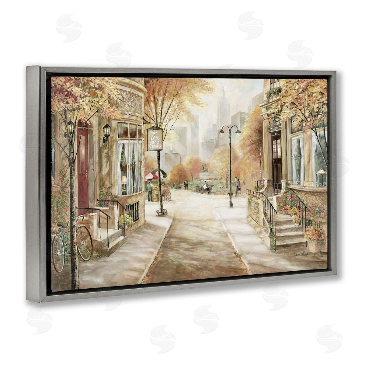 City Street Shopfronts Grey Floating Frame Canvas Wall Art, Home Decor by Ruane Manning
