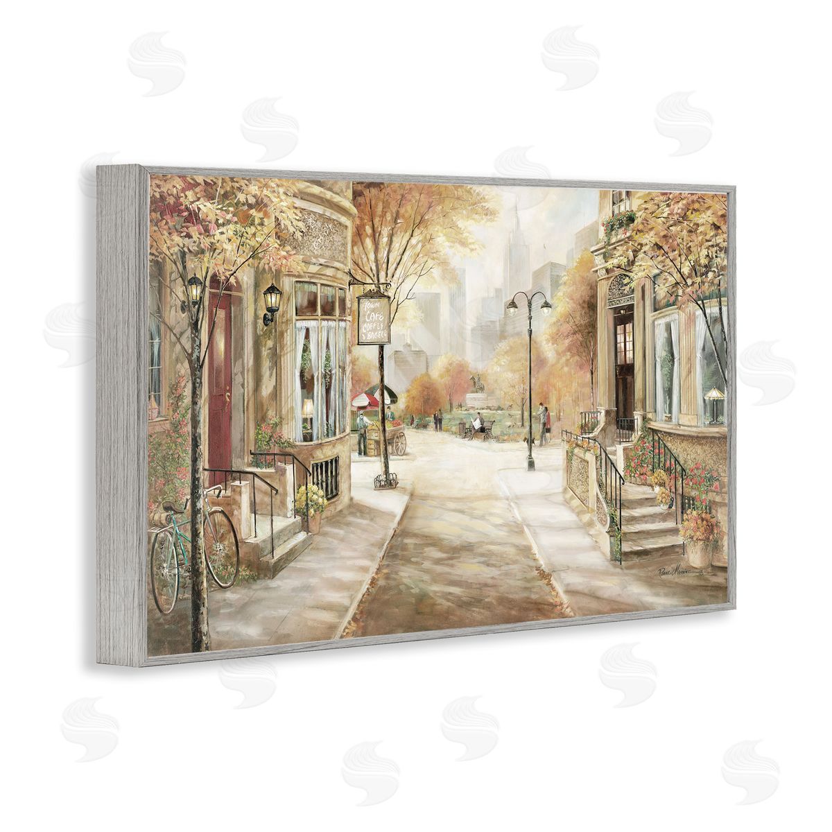City Street Shopfronts Grey Frame Print Wall Art, Home Decor by Ruane Manning