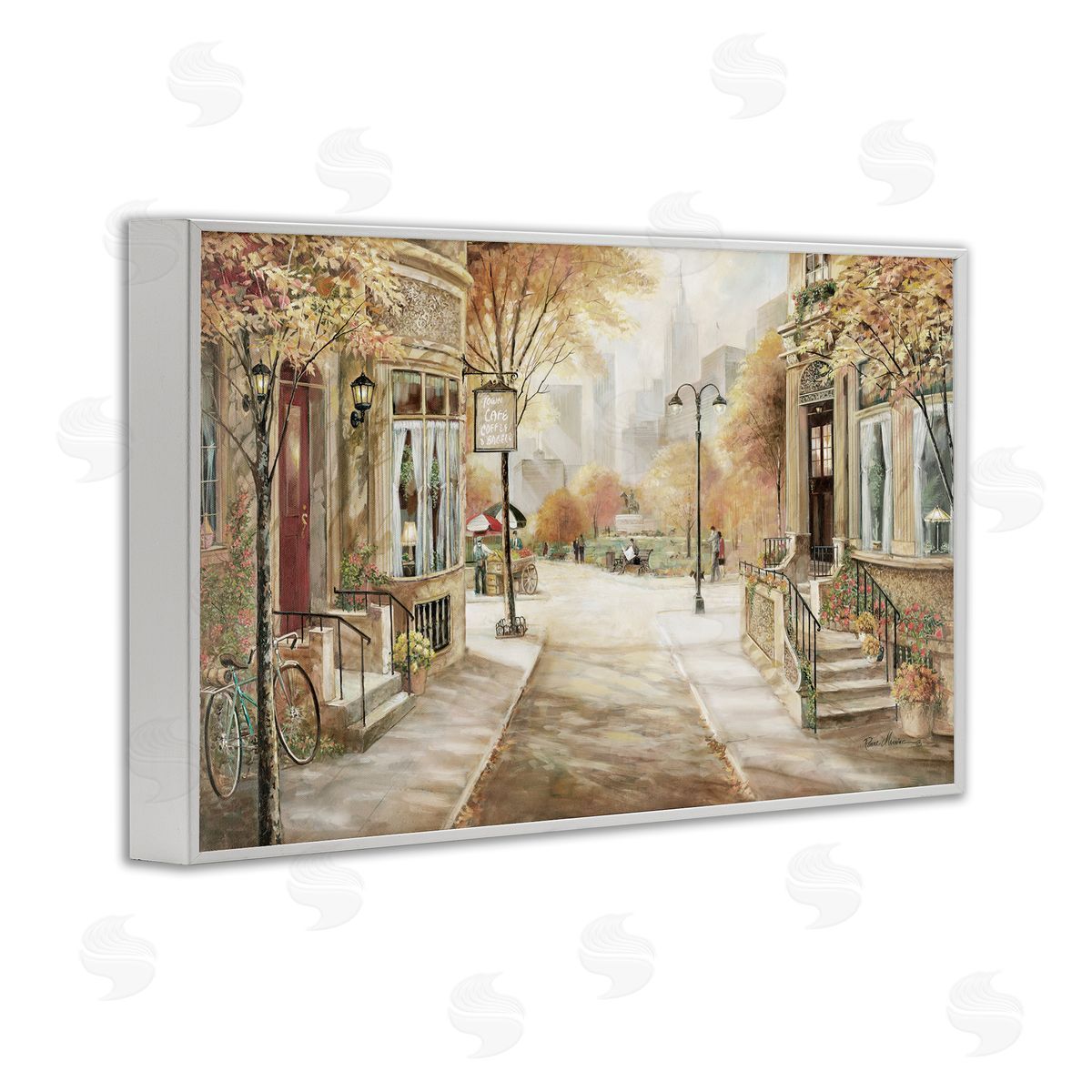 City Street Shopfronts White Frame Print Wall Art, Home Decor by Ruane Manning