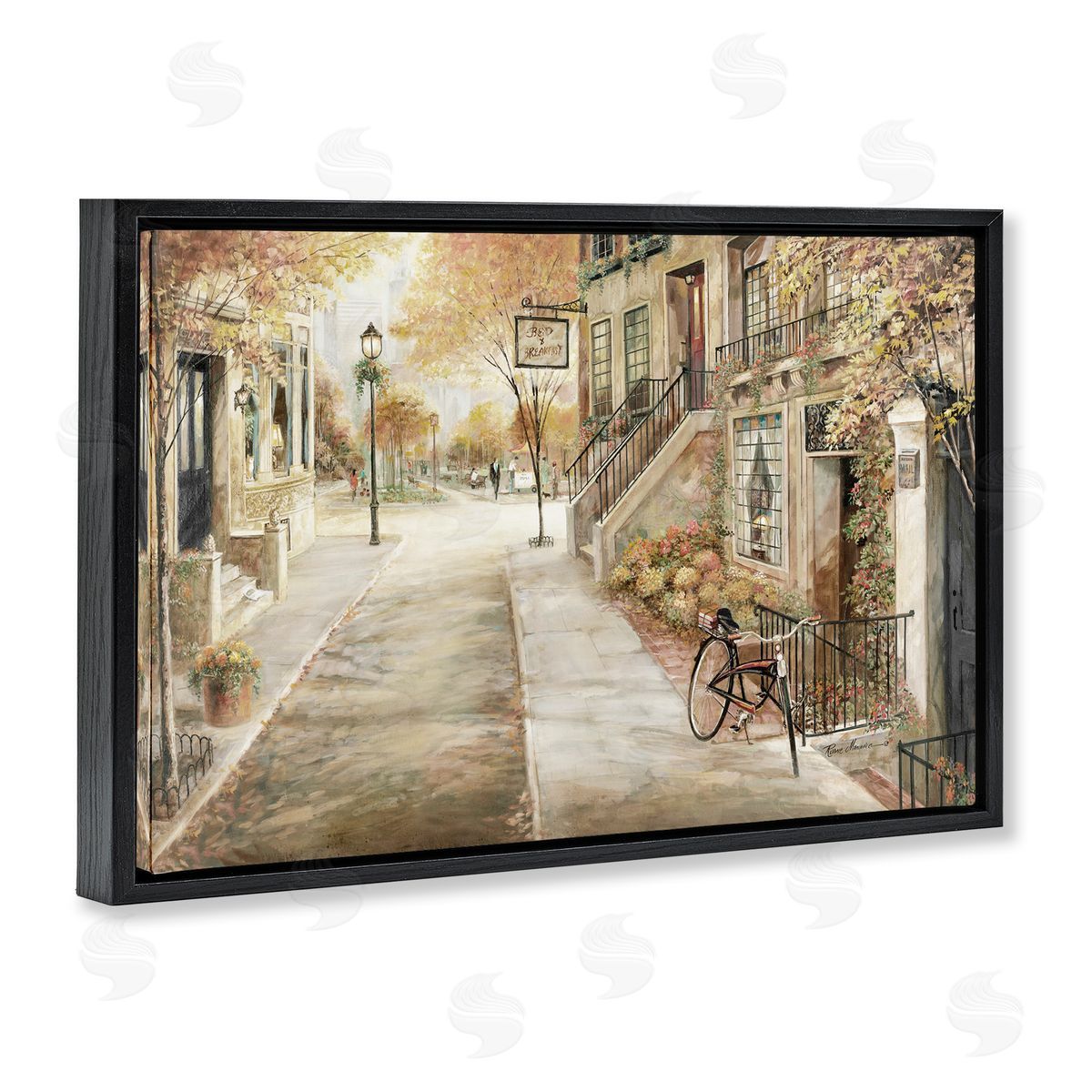 Bicycle on Town Street Black Floating Frame Canvas Wall Art, Home Decor by Ruane Manning
