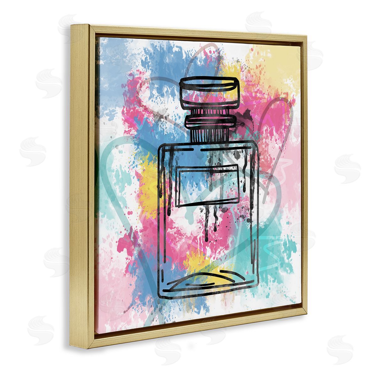 Modern Splash Bottle Gold Floating Frame Canvas Wall Art, Home Decor by Natalie Carpentieri
