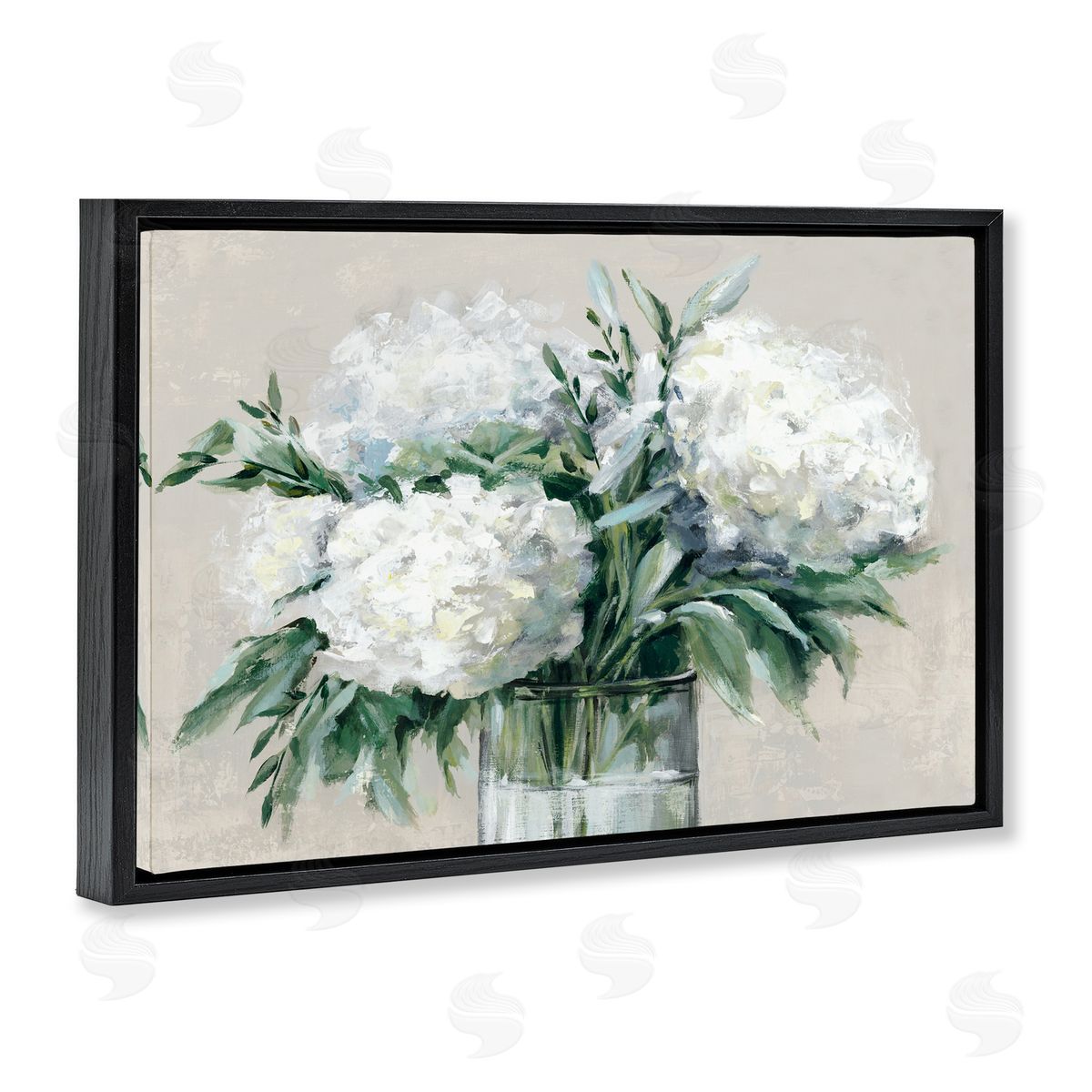 Full Hydrangeas in White Black Floating Frame Canvas Wall Art, Home Decor by Alex Black