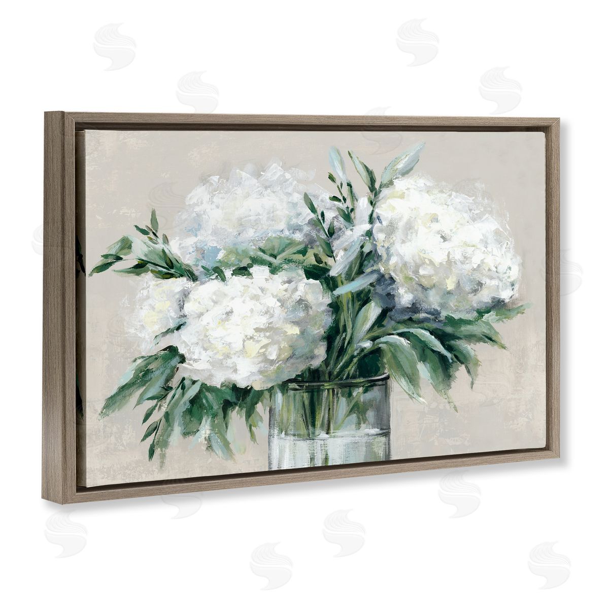 Full Hydrangeas in White Brown Floating Frame Canvas Wall Art, Home Decor by Alex Black